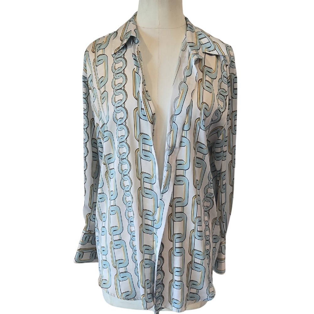Zara Chain Link Print Button Down Blouse Blue Gold White Large 2809/129/712